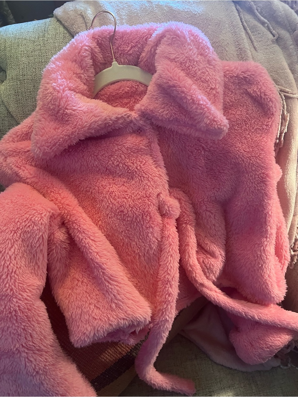 Cozy Pink Plush Jacket with Button & Tie Up